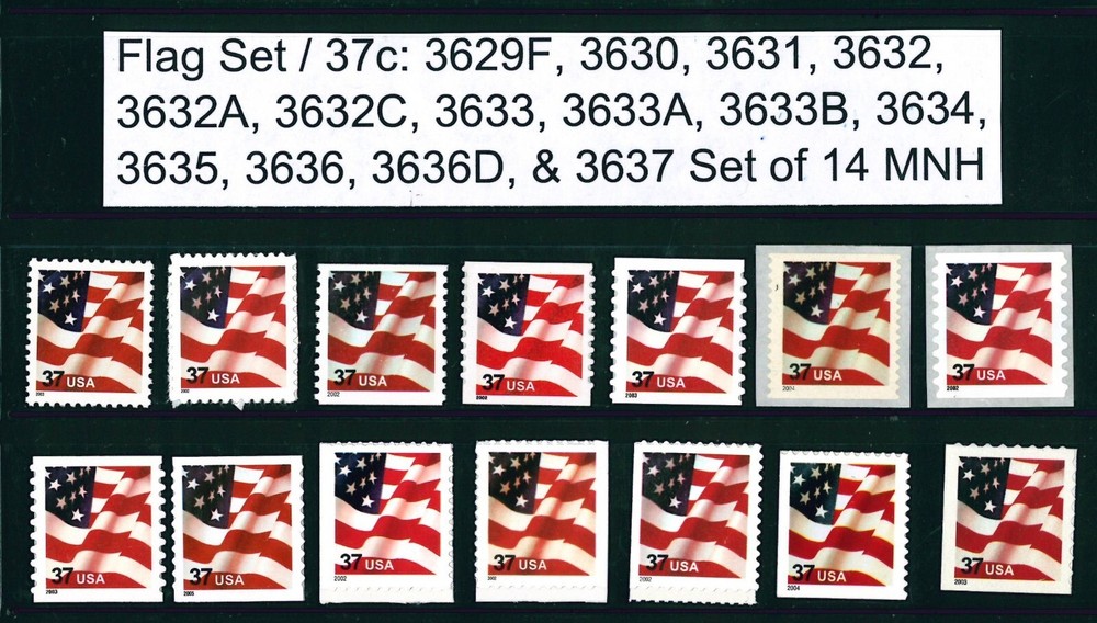 US Scott # 3629F, 3630 - 3637 .37c Flag Set of 14 MNH