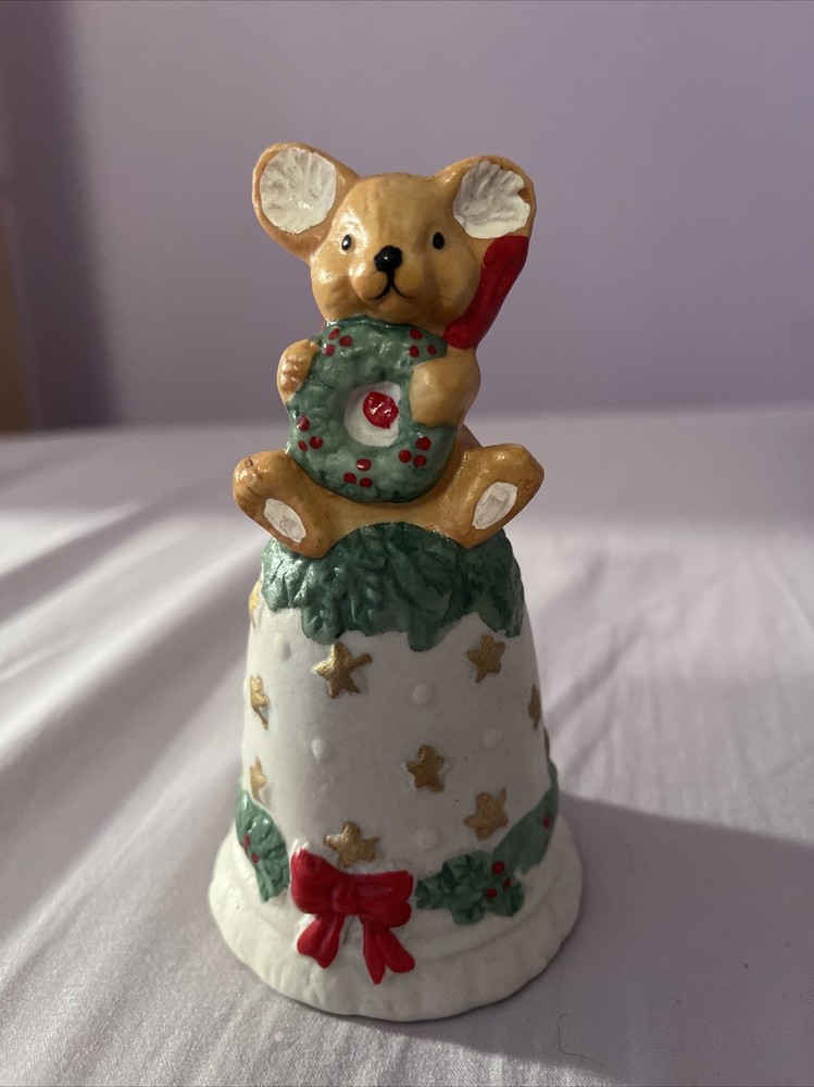 Ceramic Christmas Bell with Mouse and Wreath