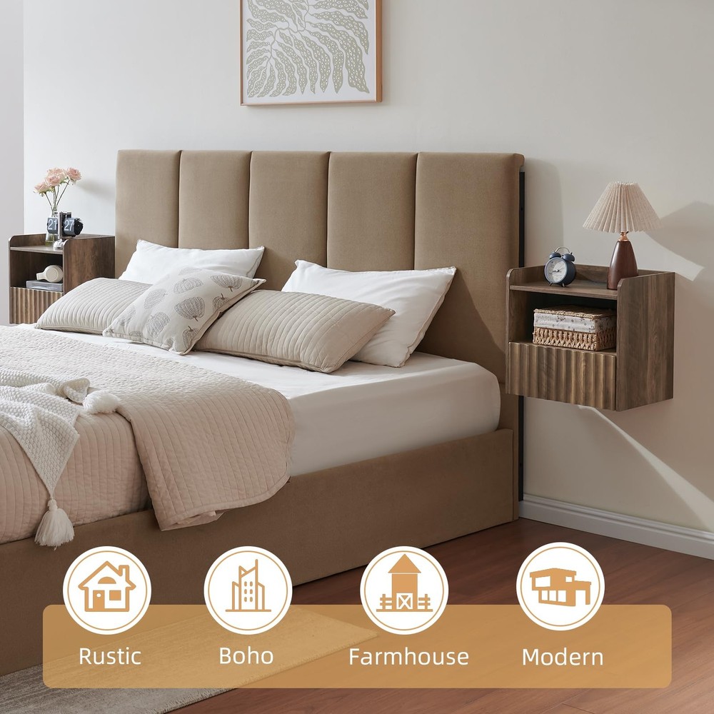 Modern Fluted Floating Nightstand Wall Mounted - Bedside Table with Storage D...