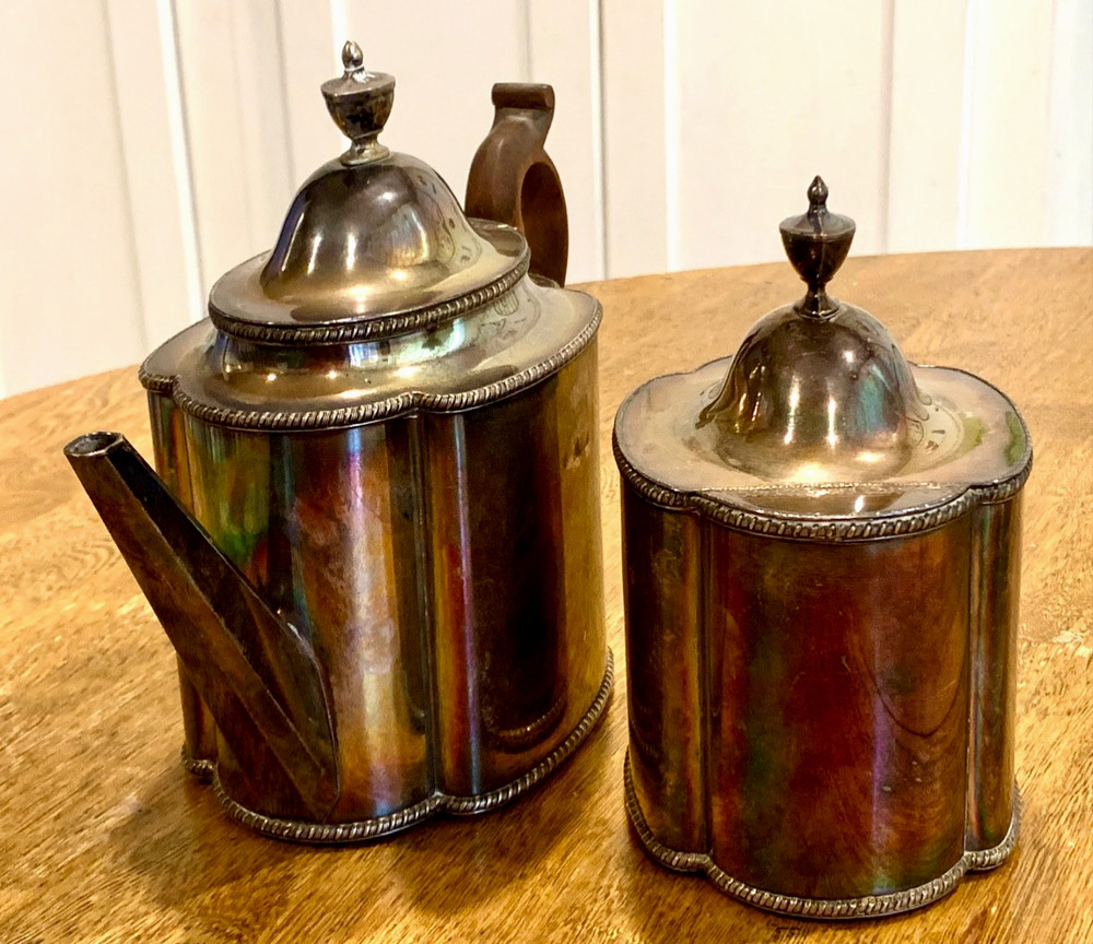 Antique Silver-Plated Hinged Tea Pot and Tea/Sugar Container