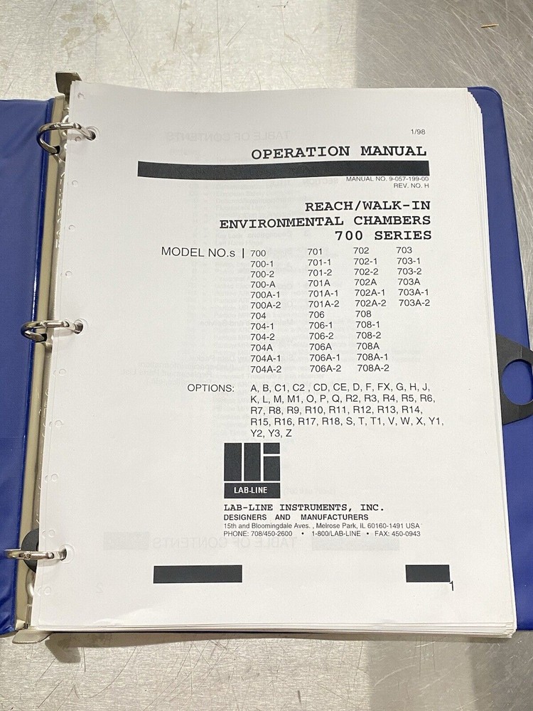 Lab-line Environmental Chambers 700 Series - Users Guide /Instruction Manual