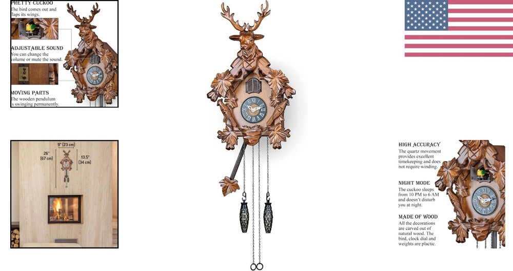 Cuckoo Clock with Automatic Night Mode, Quartz Movement and Carved Deer Head ...