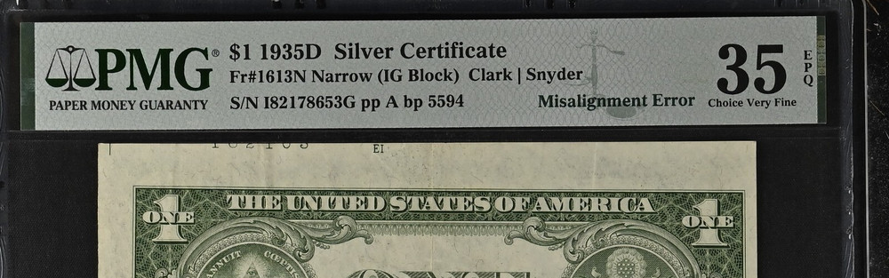 PMG35 EPQ 1935D 1$ MISALIGNMENT ERROR ON BACK 2961A
