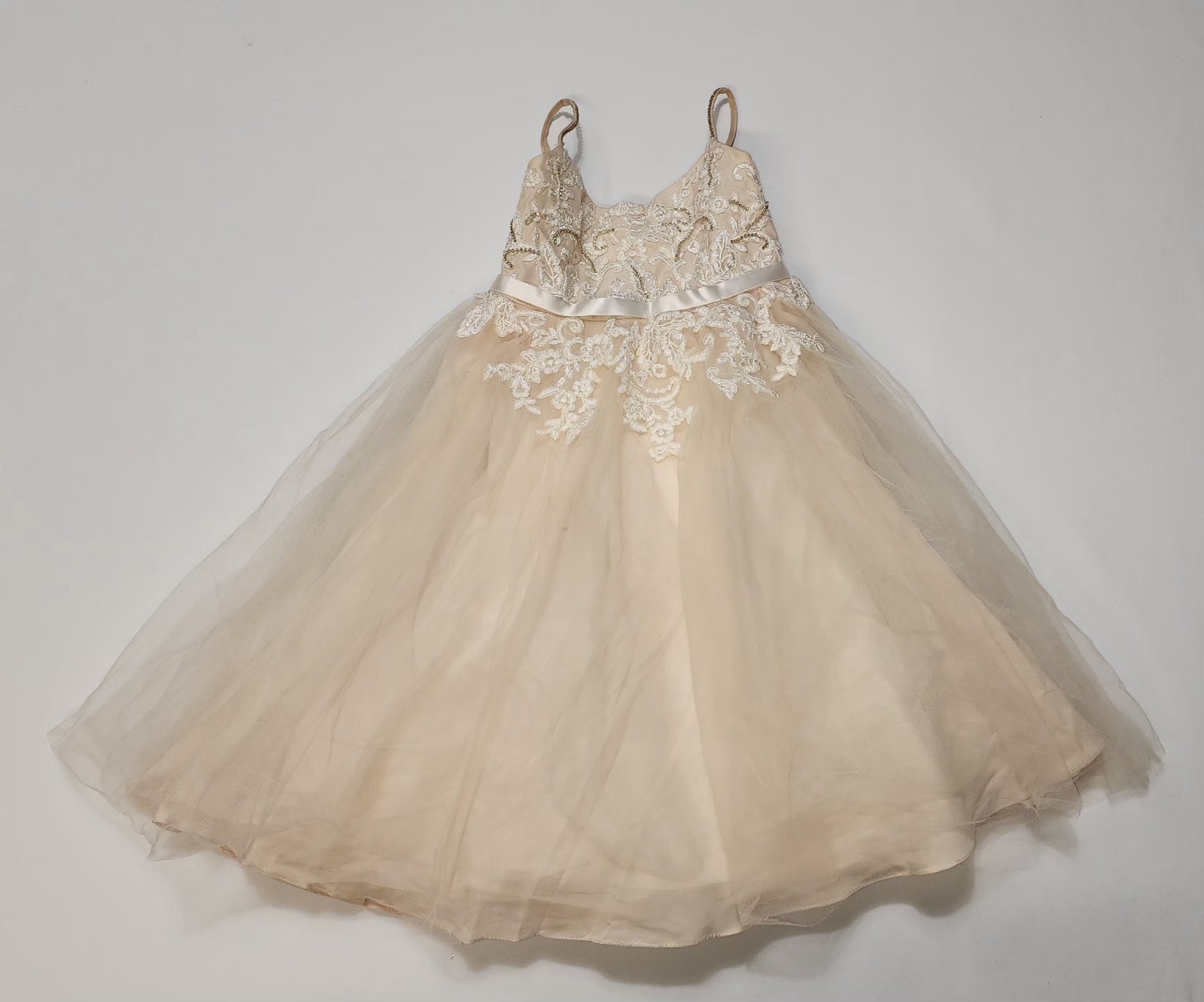 $180 Davids Bridal Ivory Floral Applique Spaghetti Strap Flower Girl Dress Sz 4