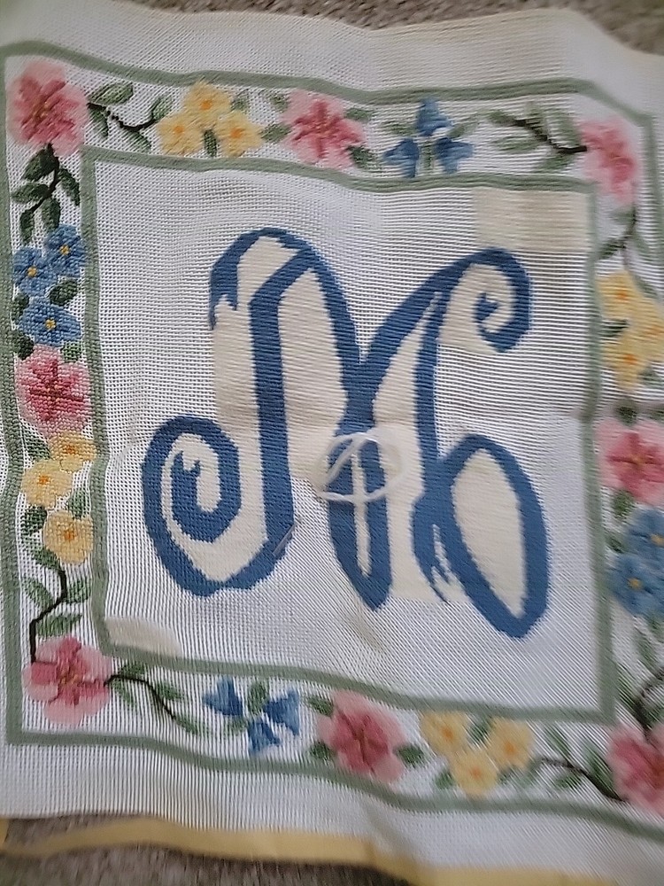 Initial M partially Complete Needlepoint Canvas 16" Pillow Size