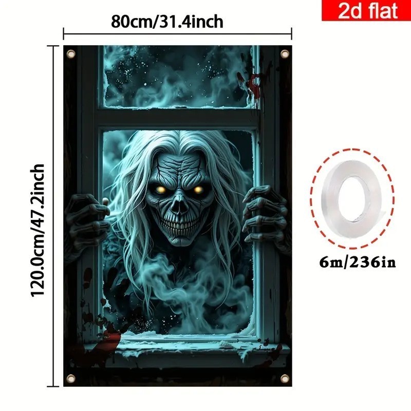 2D Flat Banner Polyester - Haunted Skeleton Window Climbing Spooky Night Scene