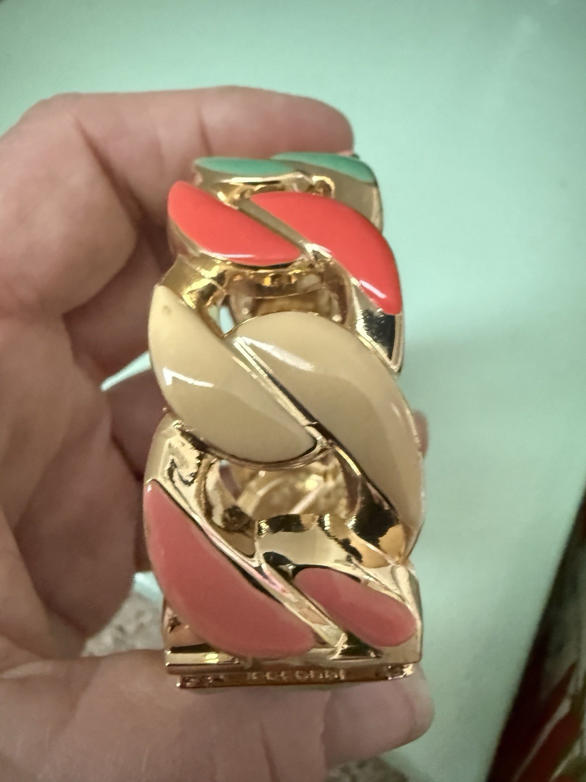 Vtg. Bracelet Gold Tone Enamel Hinged Clamp Openwork Spring colors