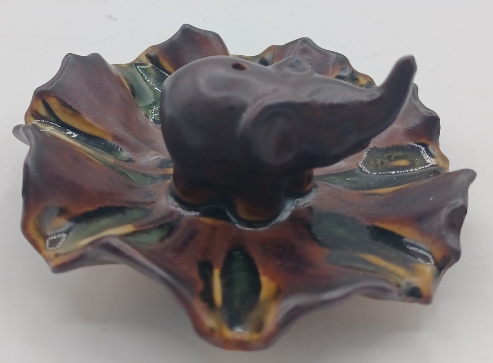 Small Pottery Elephant incense Holder with attached ash catcher plate