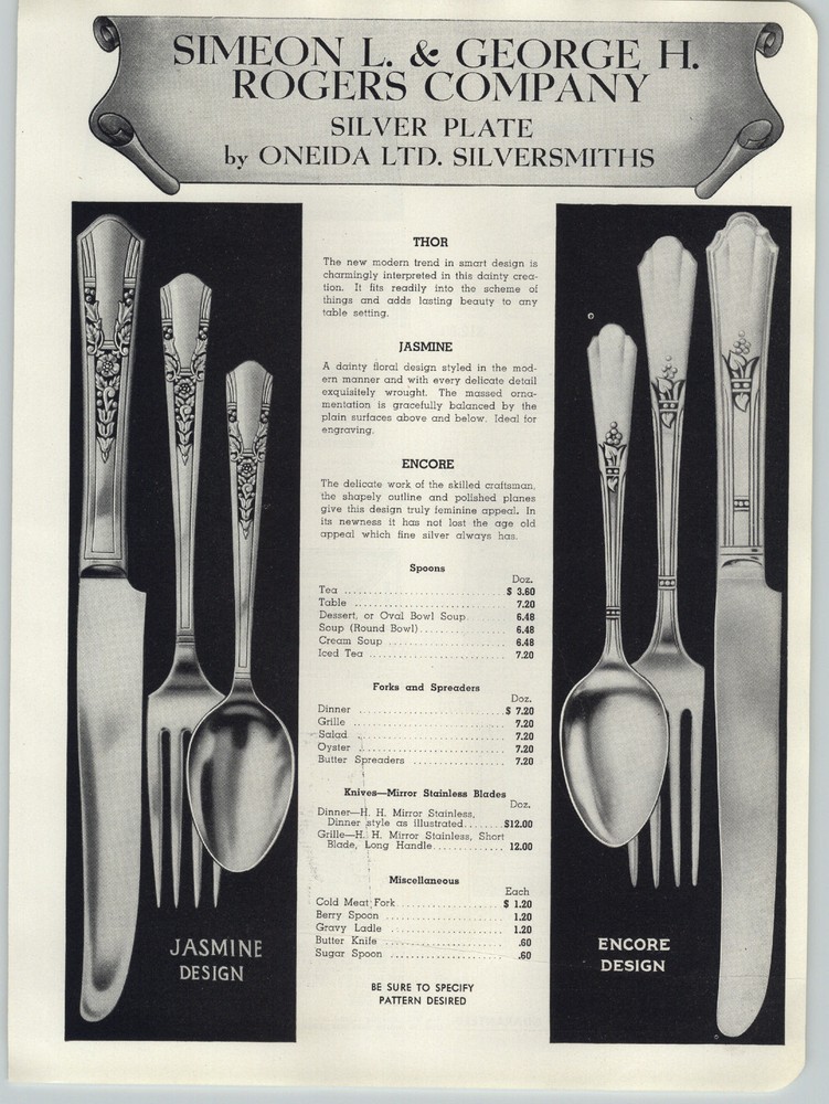 1943 PAPER AD Simeon Geaorge Rogers Silverware Jasmine Encore Design Pattern
