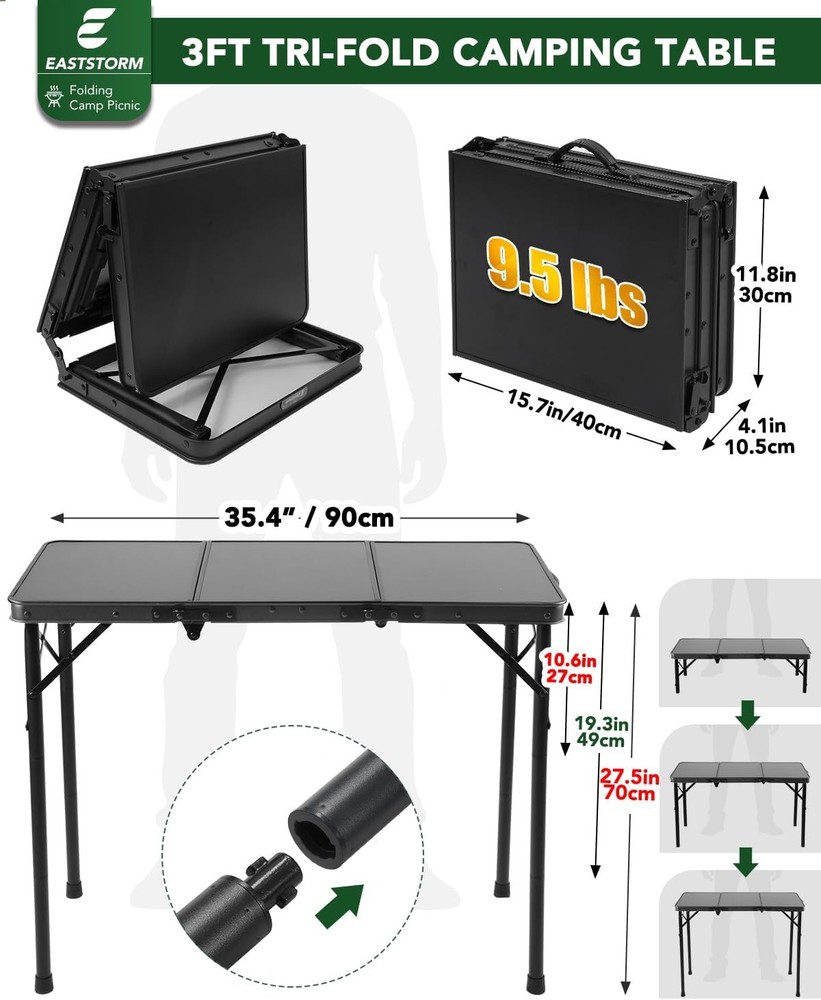 3ft Folding Camping Table Folding Table W/ 3 Adjustable Height Portable Table W/