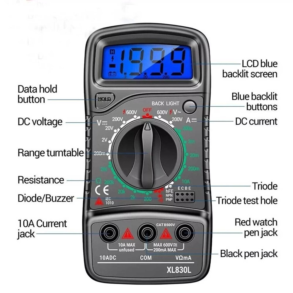 LCD Digital Multimeter Voltmeter Ammeter Ohmmeter Volt AC DC Tester Leads Meter