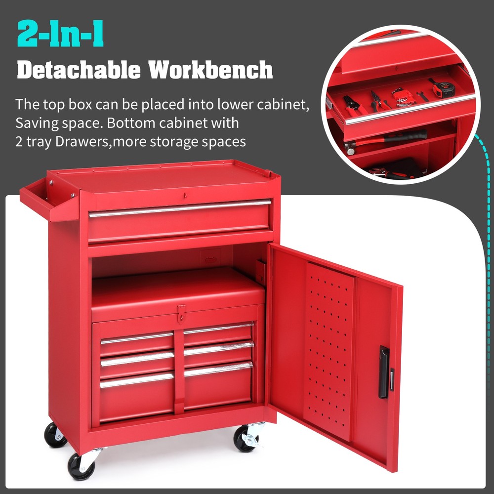 Rolling Tool Chest Tool Organizer Box with Lockable Wheels & Detachable Top NEW