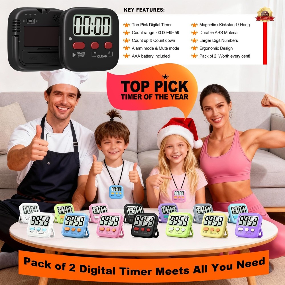 2pc Digital Kitchen Timers, Magnetic Countdown Timer Loud or Silent Mode
