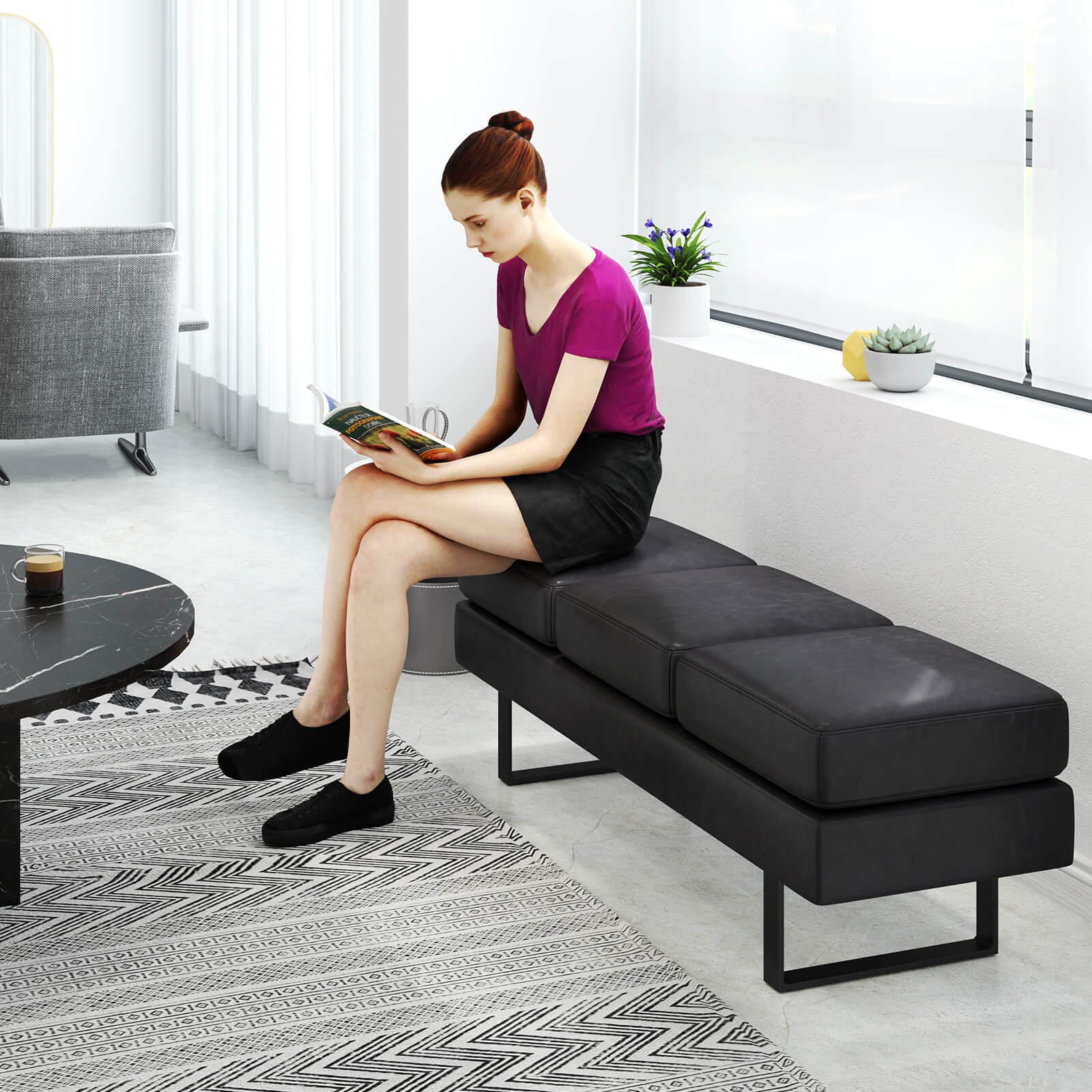 Waiting Room Bench Seating w/ Metal Frame Leg Upholstered Reception Bench