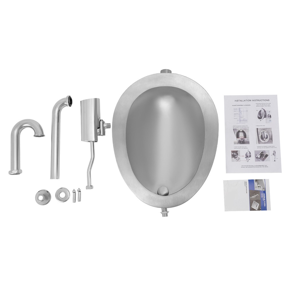 Oval Silver Stainless Steel Wall-Mounted Urinal with Automatic Sensing