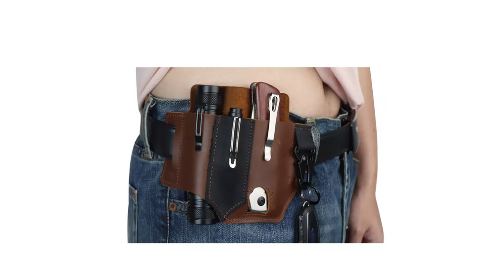 EDC Leather Belt Sheath Organizer For Folded Knives Tactical Flashlights EBS