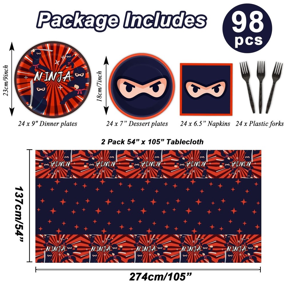 98 Pieces Ninja Party Decorations Ninja Warrior Tableware Set Karate Plates N...
