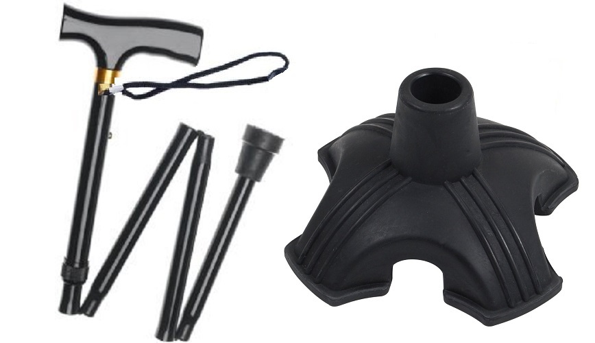 Folding Walking Adjustable Cane Plus Self Standing Rubber Quad Cane Tip