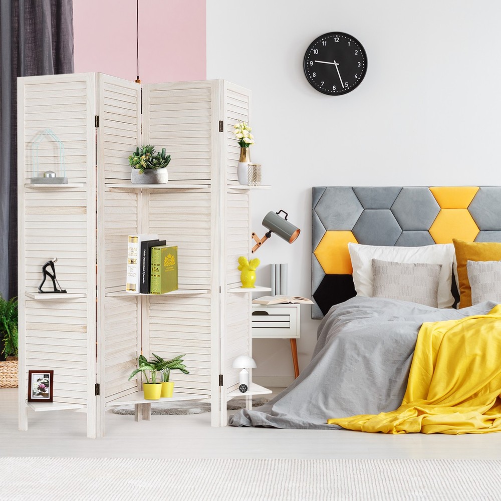 5.6 Ft 4 Panel Bedroom Modern Divider Screen Foldable W/3 Display Rack White