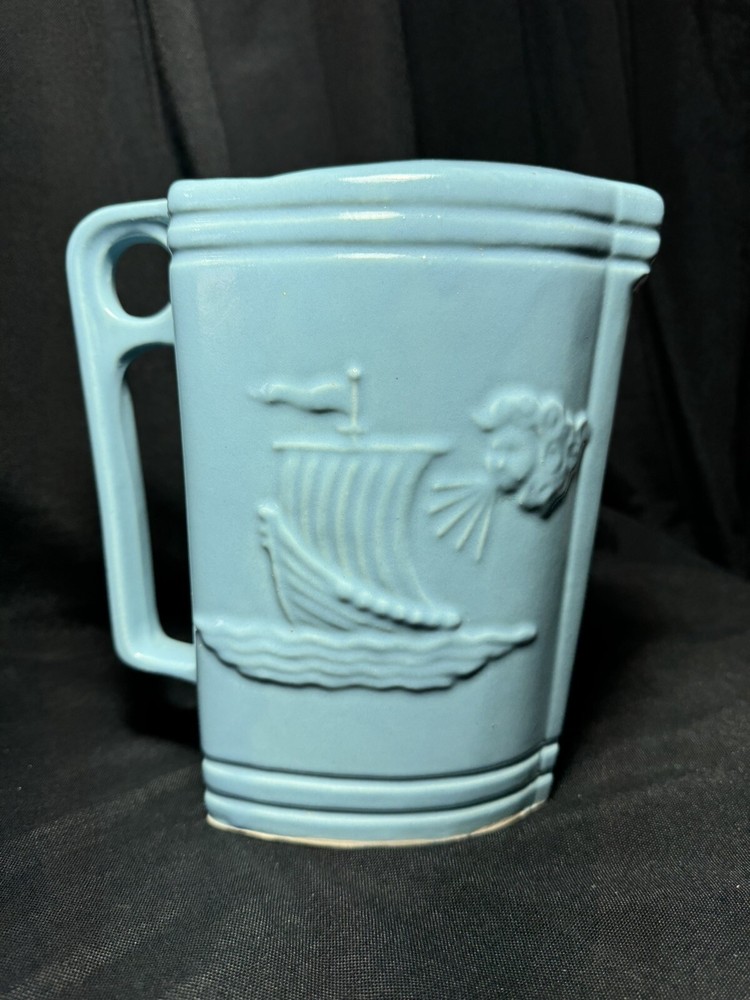 Robinson Ransbottom Zephyr Northwind Viking Sailing Ship Ceramic Pitcher 9”Blue