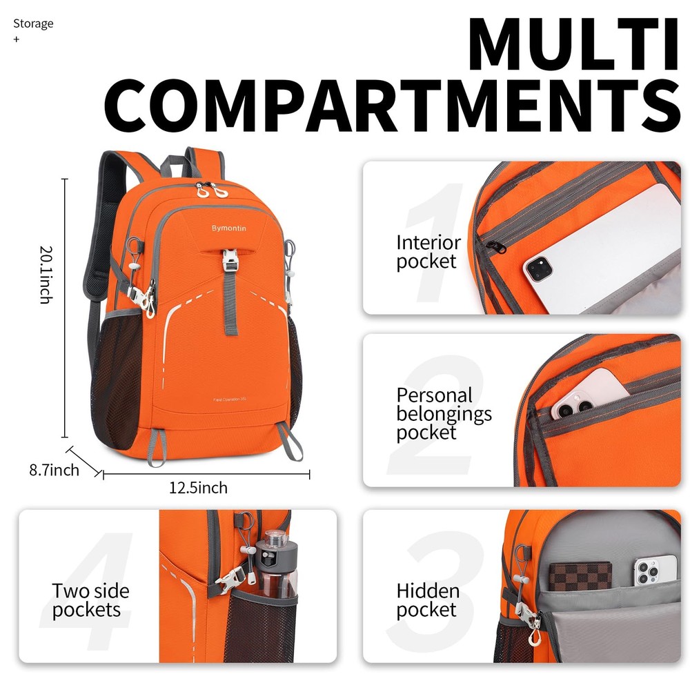 35L Lightweight Packable Backpack Durable Foldable Daypack Travel Gym Orange