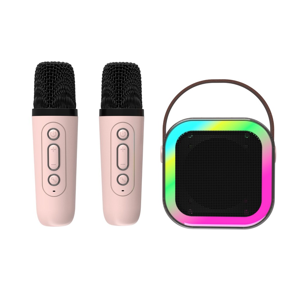 Laser Mini Karaoke Speaker 2 Wireless Mics Bluetooth Pink