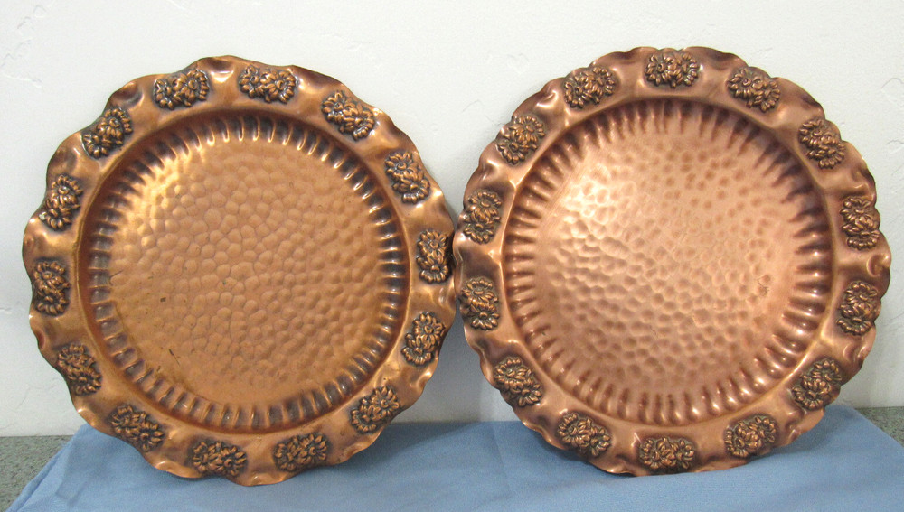 Solid Gregorian Copper Hammered Plate Flowers Wall Hanger Folk Art