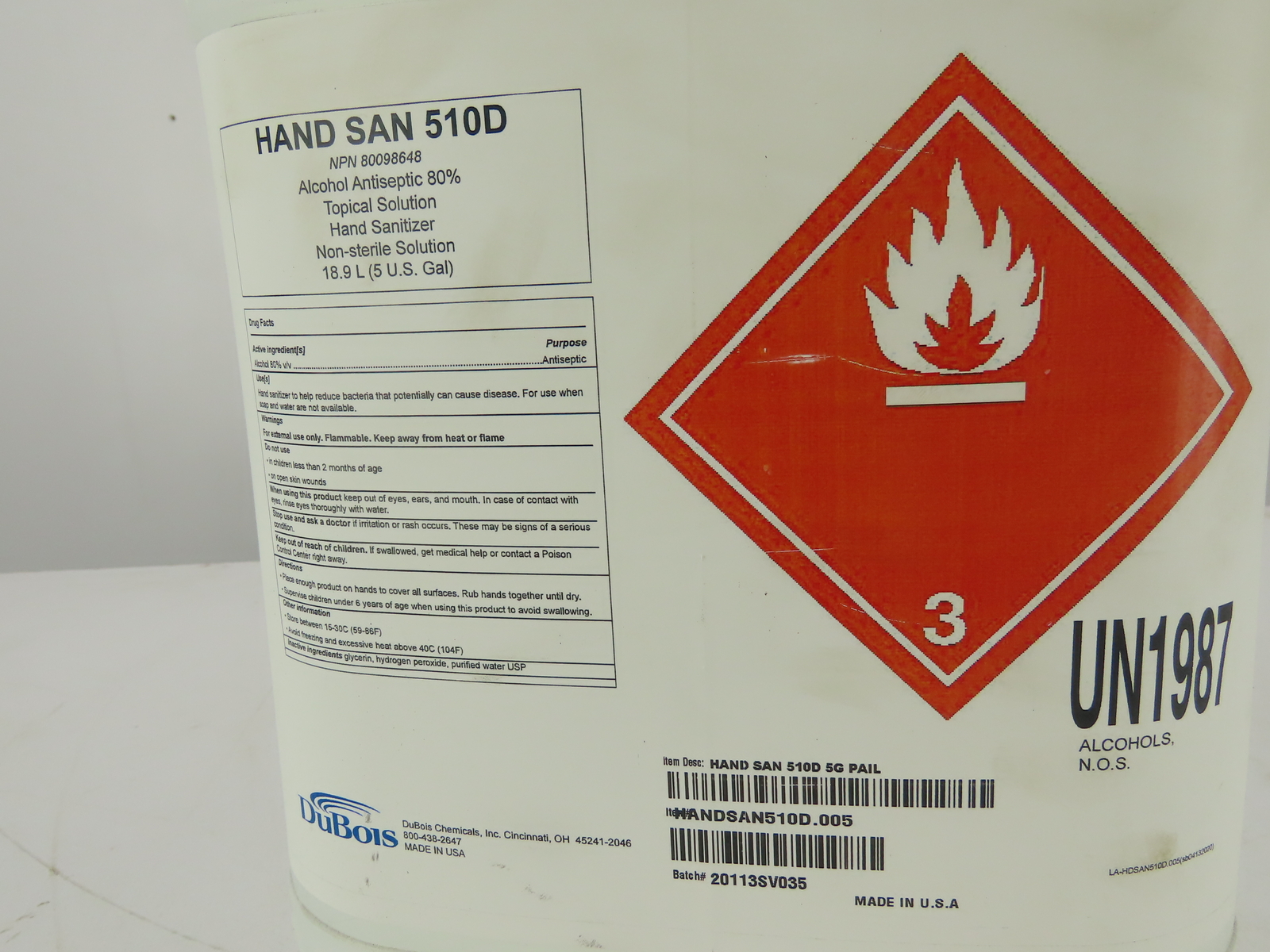 DuBois HAND SAN 510D Hand Sanitizer, 5 Gallon Pail 80% Alcohol