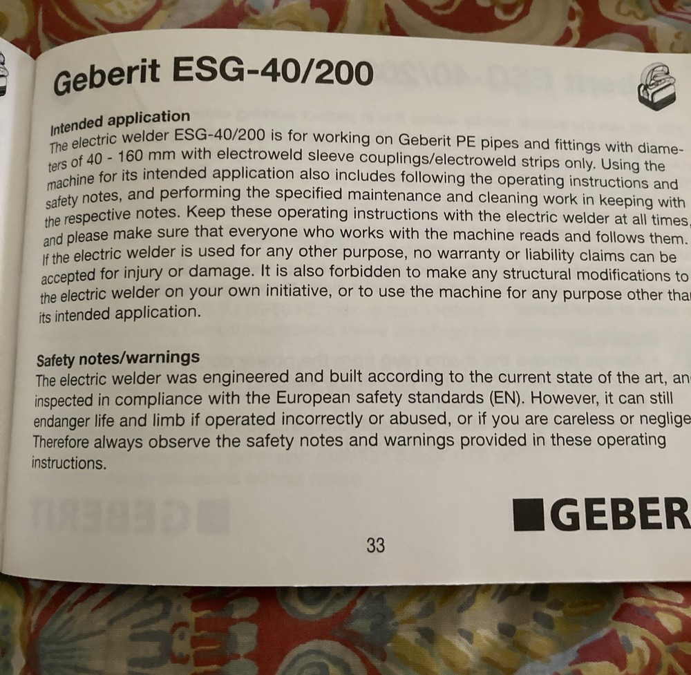 GEBERIT ESG 40/200 ELECTROFUSION PIPE SOCKET WELDER