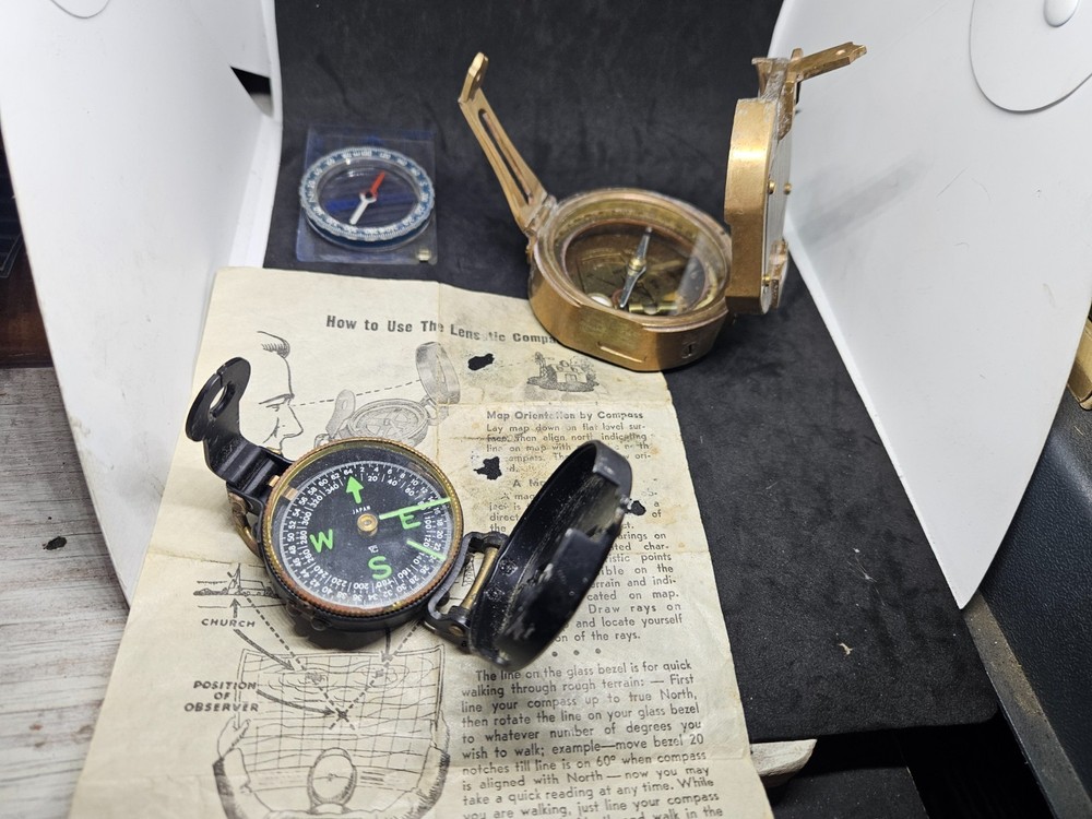 3 Vintage Brass, Plastic Pocket Compass