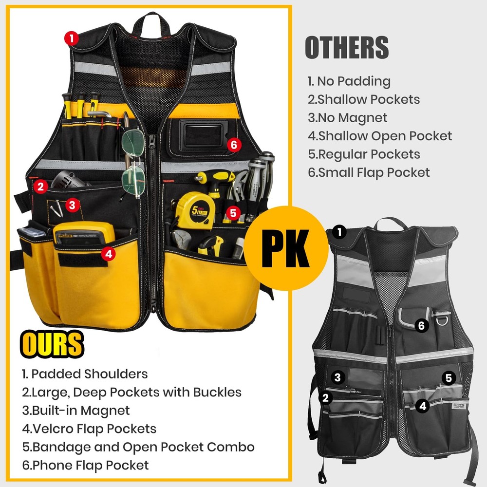 Tool Vest, Electrician Tool Vest for Men, 22 Compartments, Reflective Workwea...