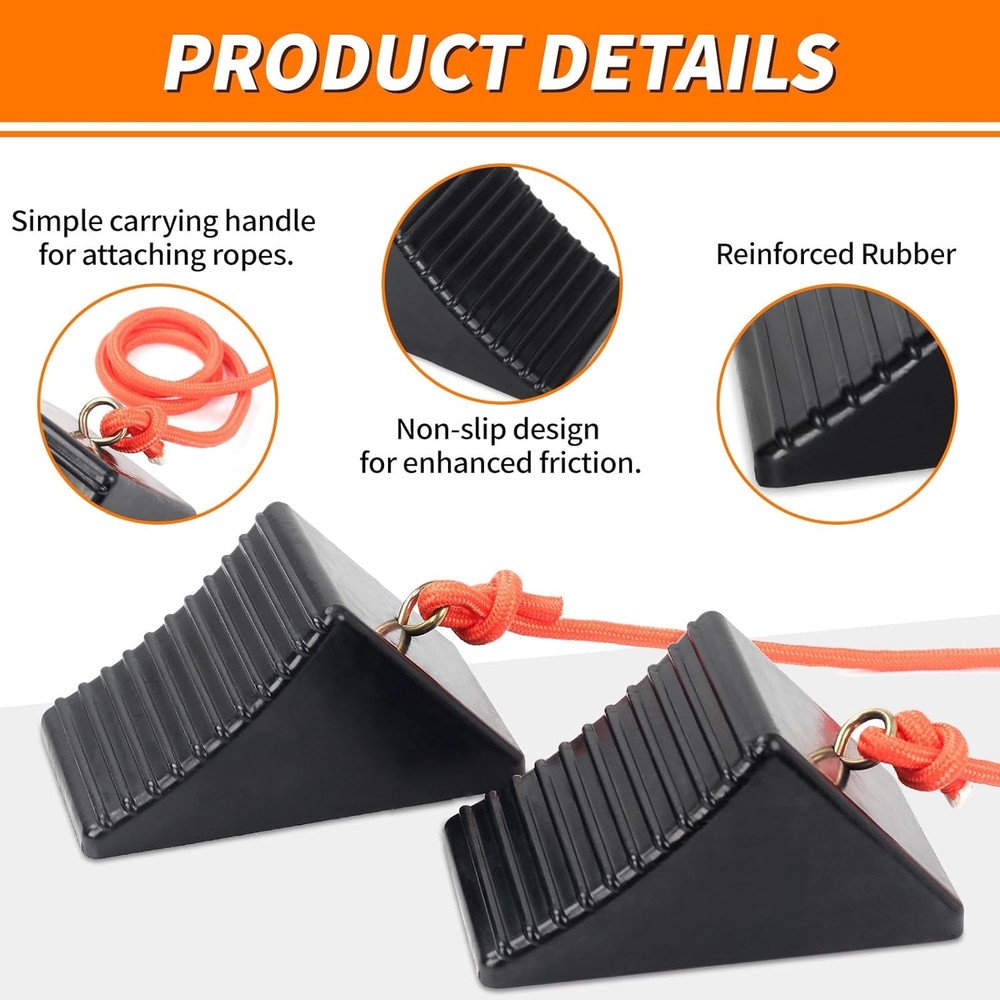 Heavy Duty Rubber Wheel Chocks with Eyebolt, Solid 4-Pack (8x5x4)
