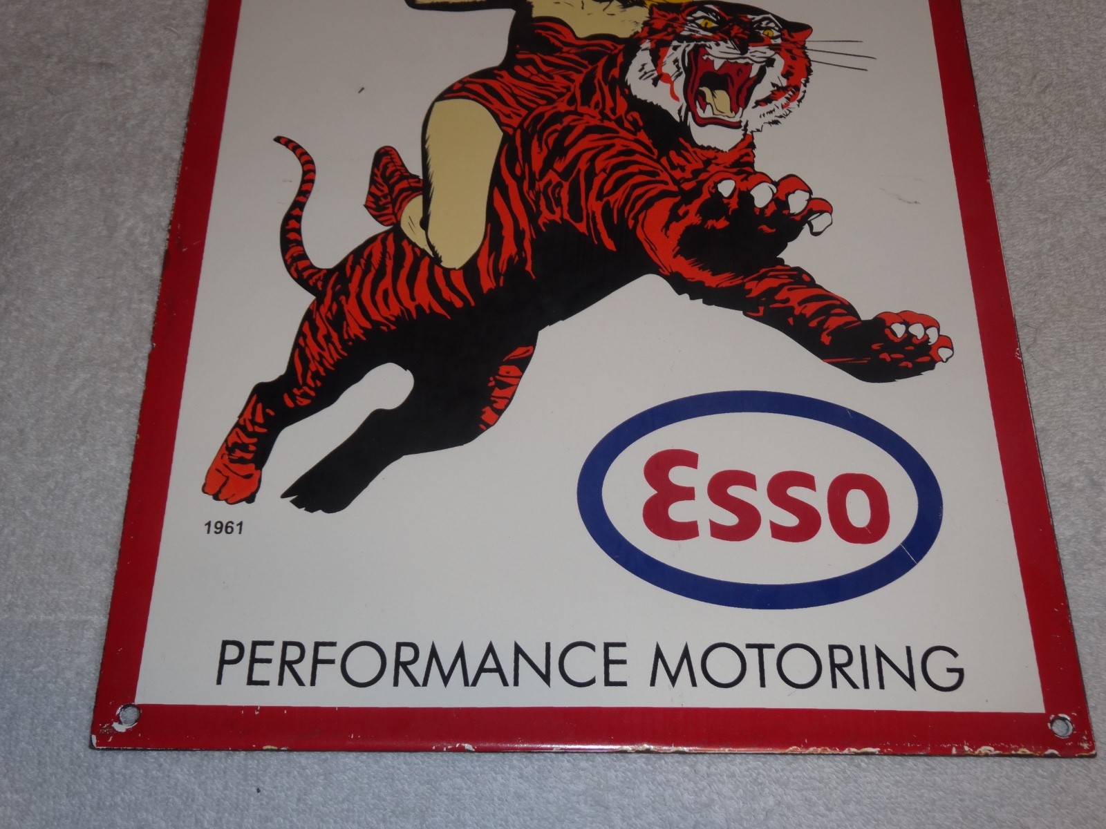 VINTAGE 1961 "ESSO CAT WOMAN RIDING TIGER" 18" PORCELAIN METAL GASOLINE OIL SIGN