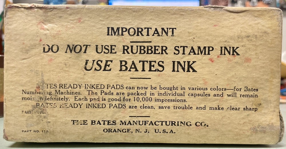 Bates Five Movement Numbering Machine: sequential stamp device six wheel style E