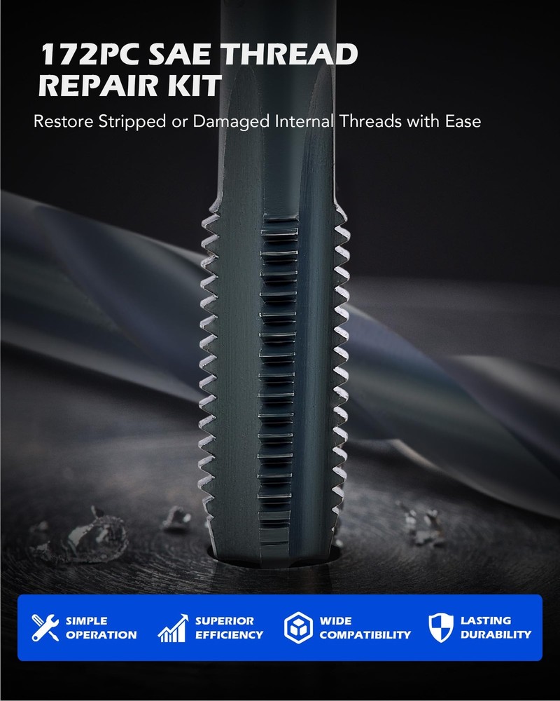 172pc Thread Repair Kit, SAE Thread Restorer Kit with HSS Drill Bits Taps Ins...
