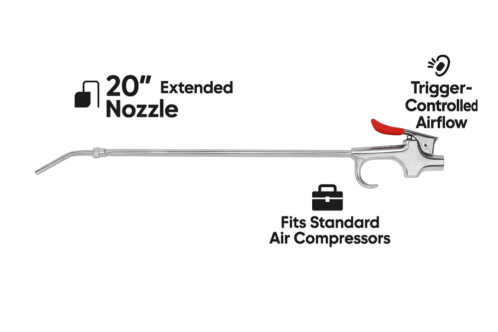 Air Blow Gun w/ 20" Extendable Nozzle  Trigger-Controlled  Compressor Tool