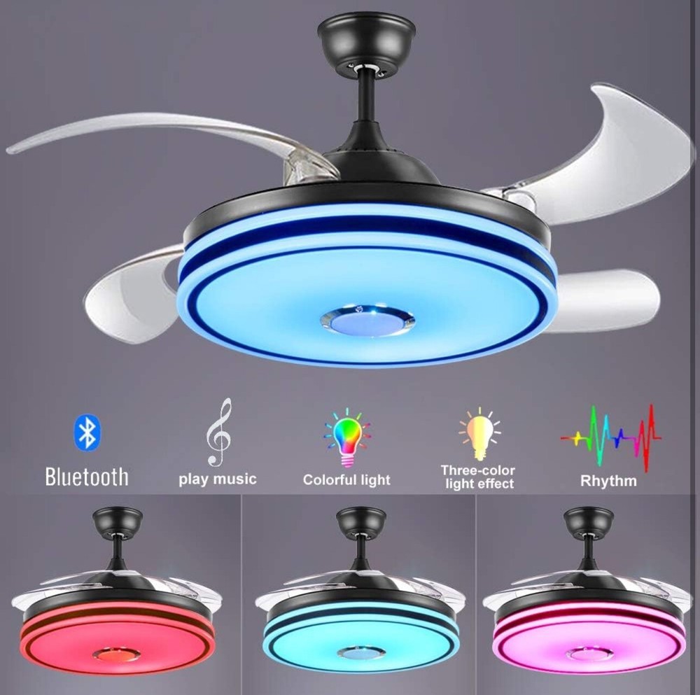 Retractable Ceiling Fan with Lights, Bluetooth Speaker - 42'' Color Changing ...