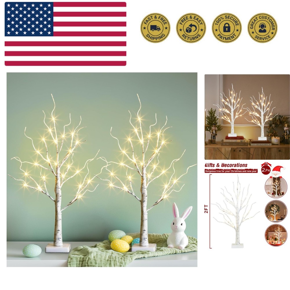 Easter Decorations, 2FT Birch Tree with LED Lights, Warm White Light up Tree ...
