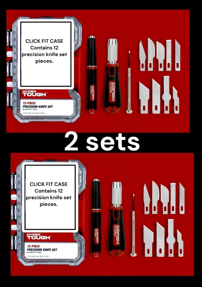 2 Sets: Hyper Tough 12pc Precision Knife Tool Set + Click Fit Storage Case NEW