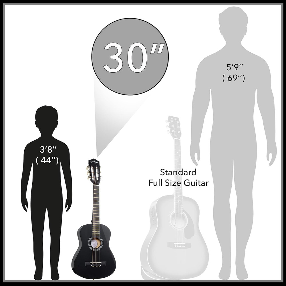 30-Inch Beginner Acoustic Guitar Package (Black), Basic Starter Kit W/Gig Bag, S