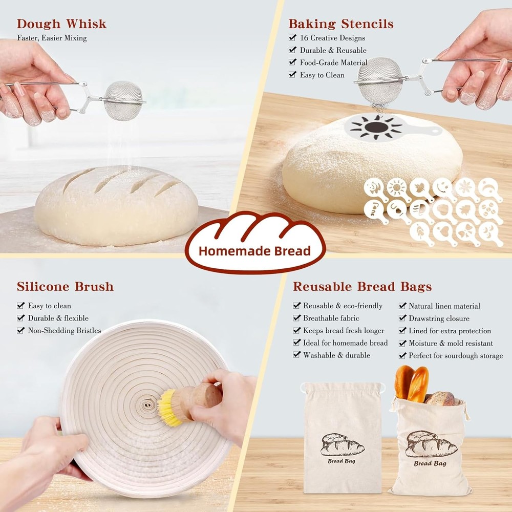 Complete Sourdough Starter Kit 10" Oval & 9" Round Banneton Bread Proofing