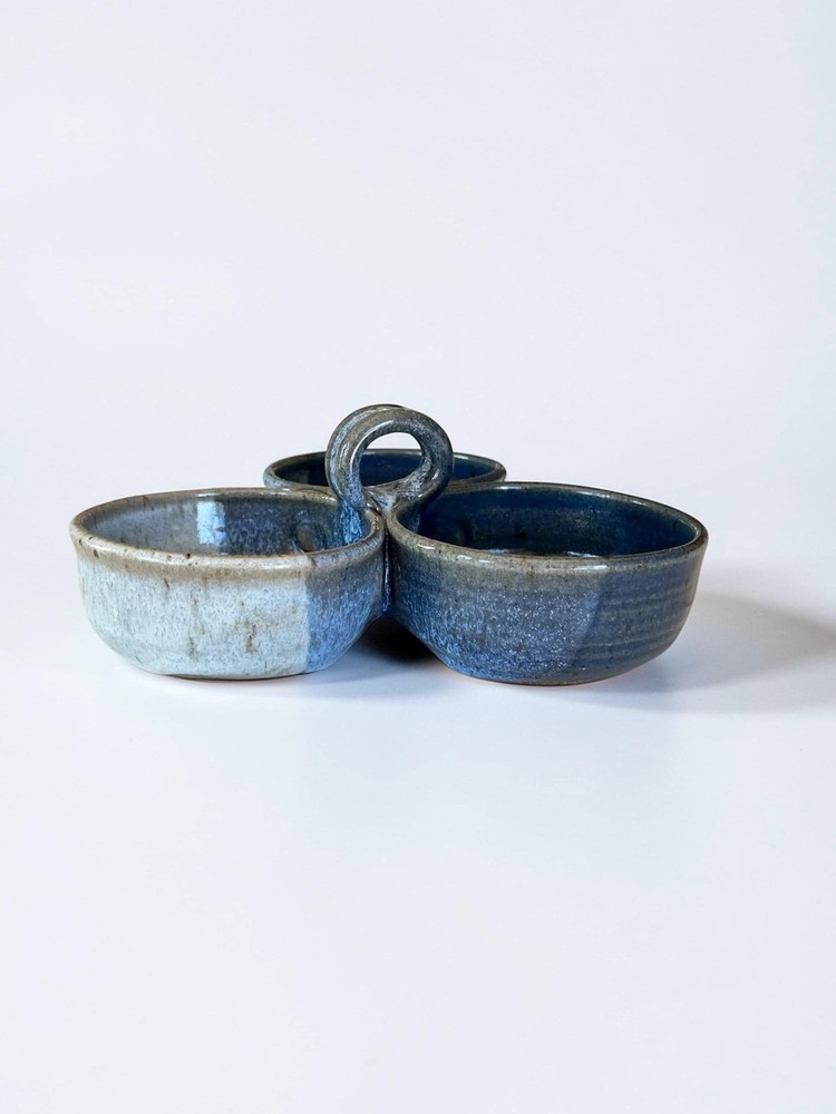 Handmade Pottery Divided Condiment Serving Dish Rustic Bowl Blue Glaze