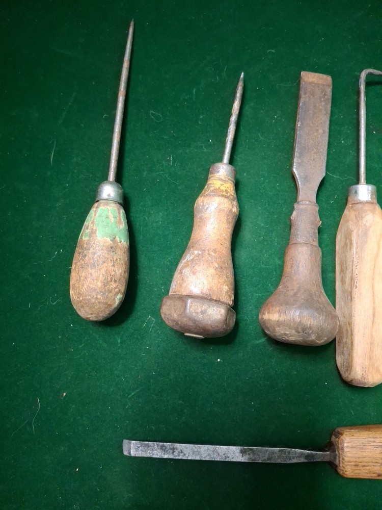 6 Vintage Wood Handled Awl / Punch~Scraper/Strike Cap CHISEL?