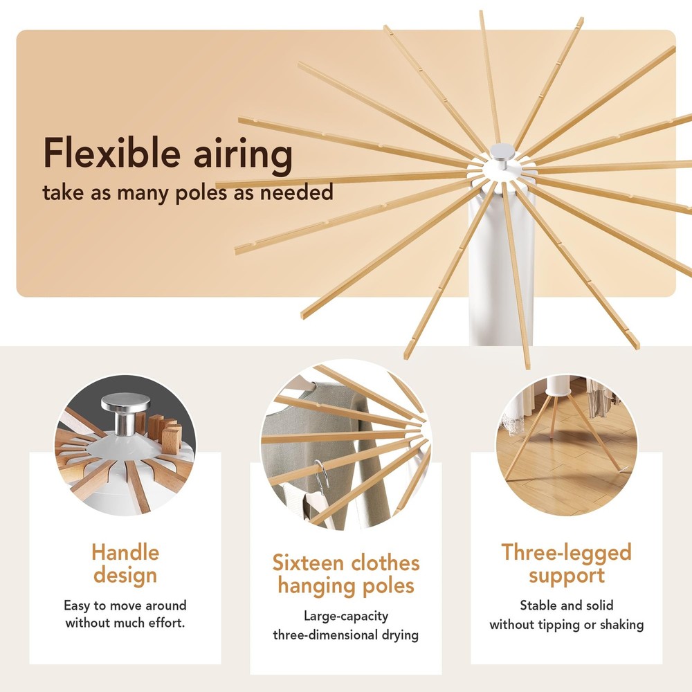 Foldable Tripod Clothes Drying Rack,Beechwood & Portable Laundry Stand, Space...