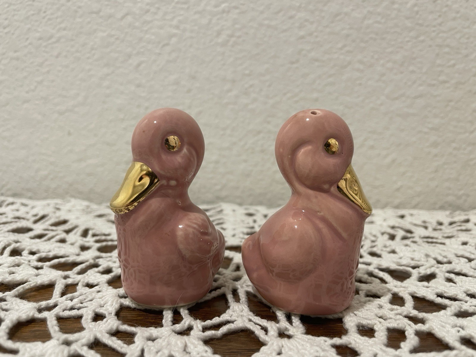 Vintage Pink and Gold Duck Salt and Pepper Shaker Set of 2