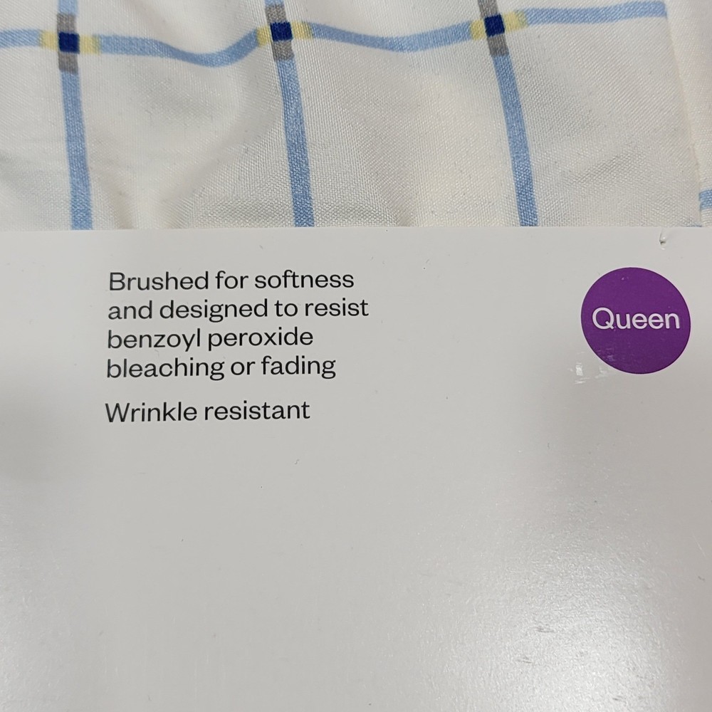 Room Essentials Queen Microfiber Sheet Set White Blue Yellow Windowpane Plaid