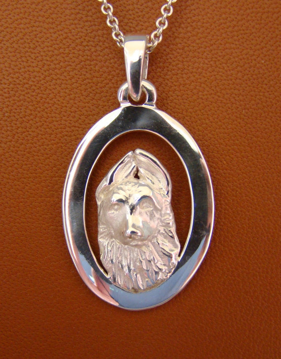 Sterling Silver German Shepherd Puppy Head Study On A Vertical Oval Frame Pendan