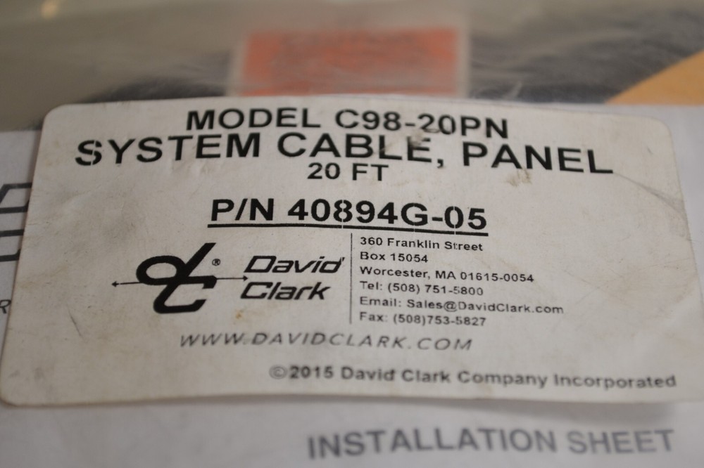 David Clark C98-20PN System Cable, Panel p/n 40894G-05 System Panel Mount
