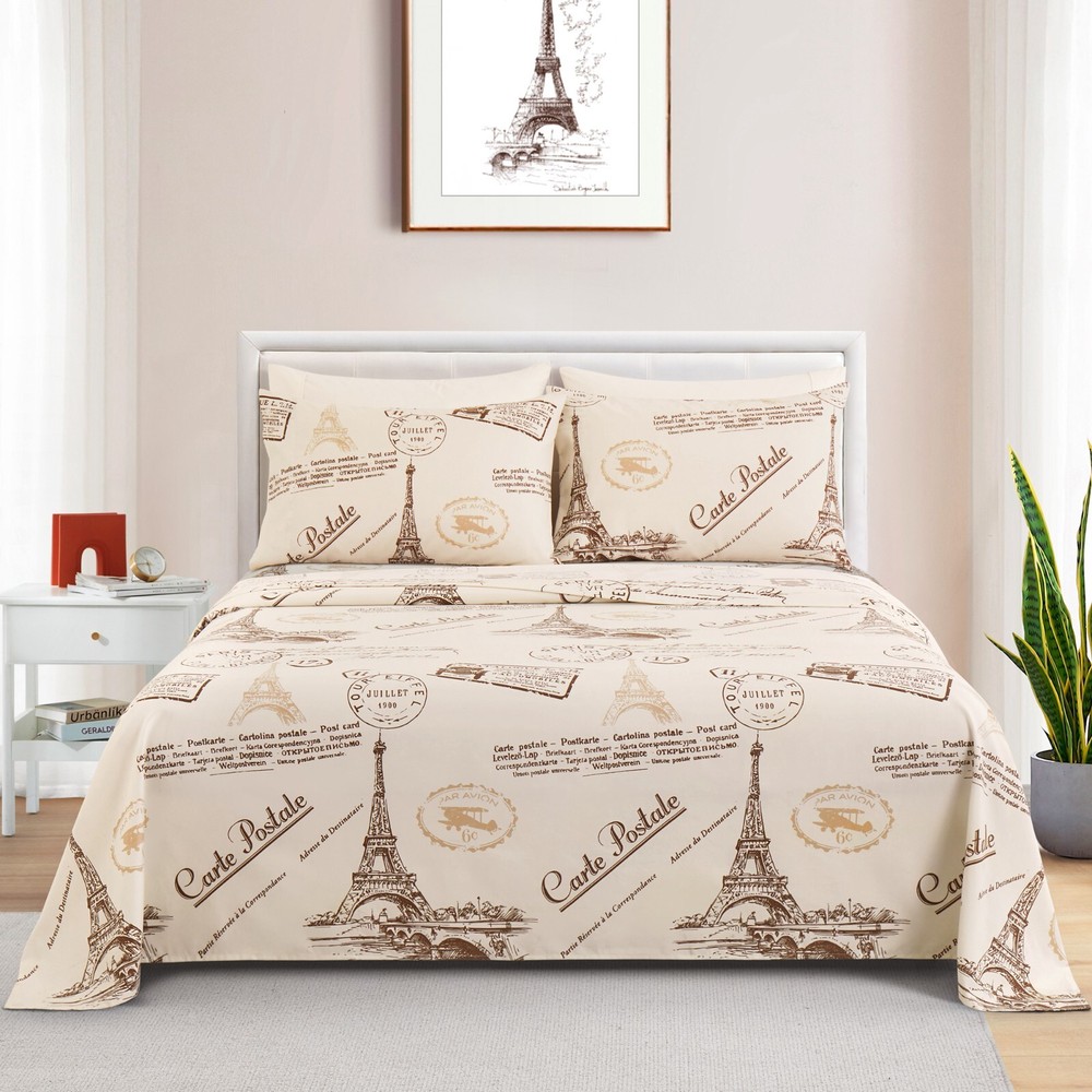 Rayon from Bamboo Deep Pocket 6 Piece Printed Sheet Set Eiffel Tower Ivory Queen