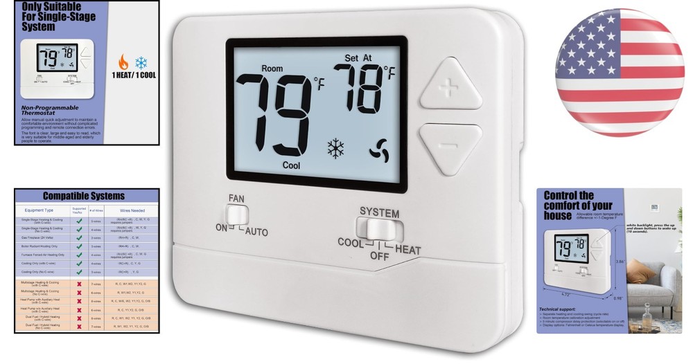 Effortless Temperature Control with White Backlight Non-Programmable Thermostat